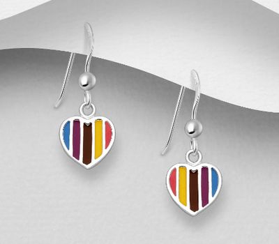 925 Sterling Silver Heart Hook Earrings, Decorated with Colored Enamel