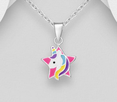 925 Sterling Silver Star and Unicorn Pendant, Decorated with Colored Enamel