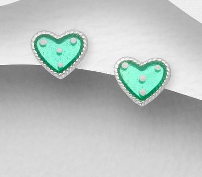 925 Sterling Silver Heart Push-Back Earrings Decorated With Colored Enamel