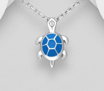 925 Sterling Silver Turtle Pendant, Decorated with Crystal Glass and Colored Enamel