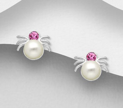 925 Sterling Silver Spider Push-Back Earrings Decorated With Crystal Glass & Simulated Pearl