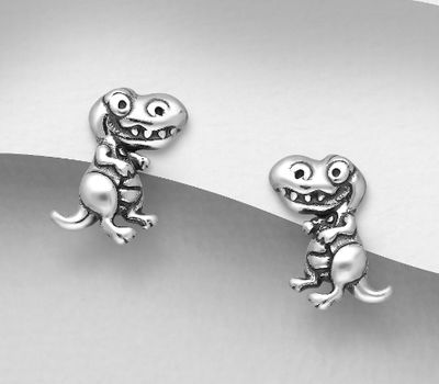 Şəkli böyütmək üçün tiklayın 925 Sterling Silver Oxidized Dinosaur Push-Back Earrings