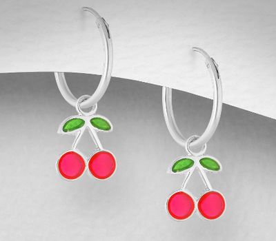 925 Sterling Silver Cherry Hoop Earrings Decorated With Colored Enamel