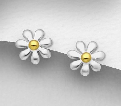 925 Sterling Silver Flower Push-Back Earrings, Pollen Plated with 1 Micron 14K or 18K Yellow Gold