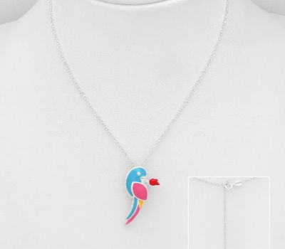 925 Sterling Silver Necklace Featuring Bird and Flower Decorated with Colored Enamel