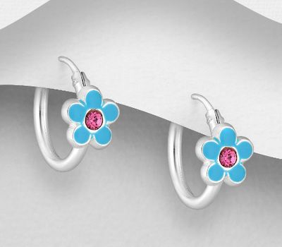 925 Sterling Silver Flower Push-Back Earrings Decorated With Colored Enamel & Crystal Glass