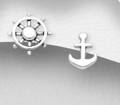 925 Sterling Silver Anchor & Ship Wheel Push-Back Earrings