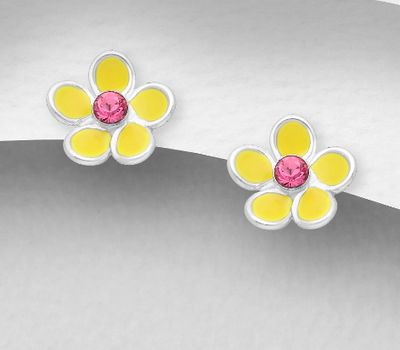925 Sterling Silver Flower Push-Back Earrings Decorated With Colored Enamel & Crystal Glass