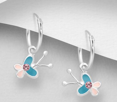 925 Sterling Silver Hoop Earrings with Butterfly Charm, Decorated with Colored Enamel and Crystal Glasses