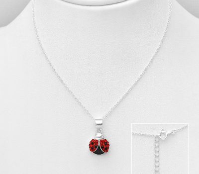 925 Sterling Silver Ladybug Necklace Decorated With Colored Enamel and Crystal Glass