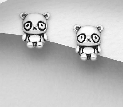 925 Sterling Silver Oxidized Panda Push-Back Earrings