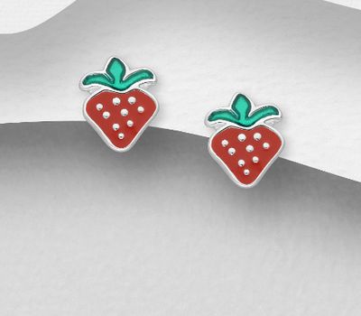925 Sterling Silver Strawberry Push-Back Earrings, Decorated with Colored Enamel