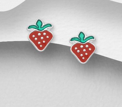 Şəkli böyütmək üçün tiklayın 925 Sterling Silver Strawberry Push-Back Earrings, Decorated with Colored Enamel