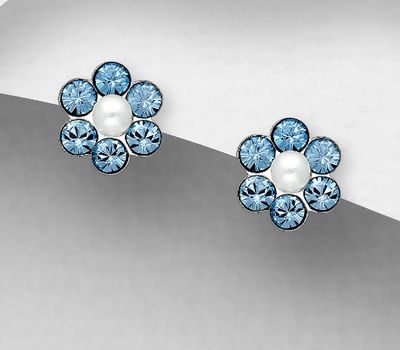 Şəkli böyütmək üçün tiklayın 925 Sterling Silver Push-Back Earrings, Decorated with Crystal Glass and Simulated Pearls