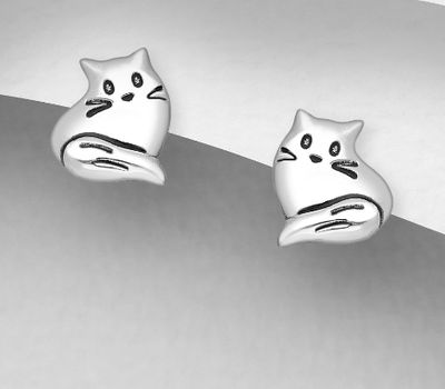 Şəkli böyütmək üçün tiklayın 925 Sterling Silver Oxidized Cat Push-Back Earrings