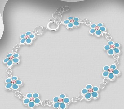 925 Sterling Silver Flower Bracelet Decorated With Colored Enamel and Crystal Glass