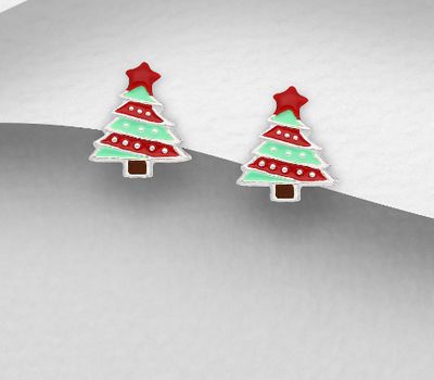 Şəkli böyütmək üçün tiklayın 925 Sterling Silver Christmas Tree Push-Back Earrings Decorated with Colored Enamel