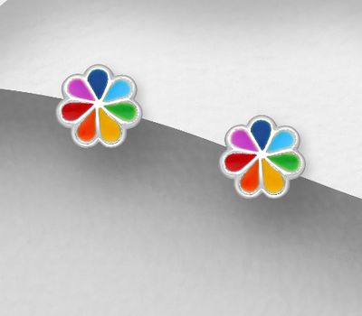 925 Sterling Silver Flower Push-Back Earrings, Decorated with Colored Enamel