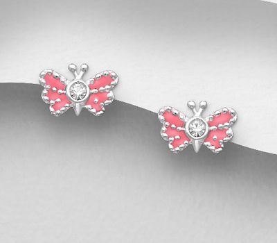Şəkli böyütmək üçün tiklayın 925 Sterling Silver Butterfly Push-Back Earrings, Decorated with Colored Enamel and Crystal Glass