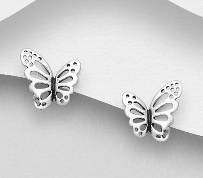 Şəkli böyütmək üçün tiklayın 925 Sterling Silver Oxidized Butterfly Push-Back Earrings