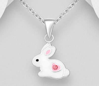 925 Sterling Silver Rabbit Pendant, Decorated with Colored Enamel and Various Crystal Glass