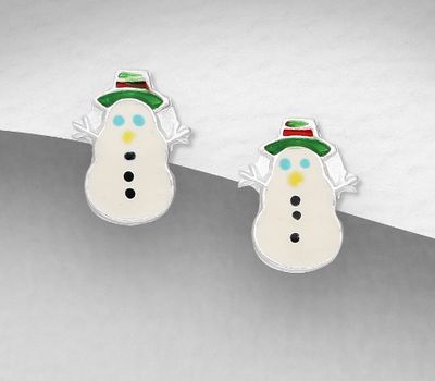 Şəkli böyütmək üçün tiklayın 925 Sterling Silver Snowman Push-Back Earrings Decorated with Colored Enamel