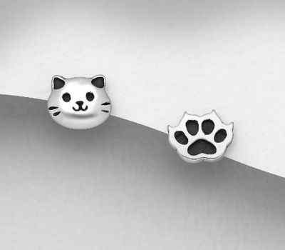 Şəkli böyütmək üçün tiklayın 925 Sterling Silver Oxidized Cat and Paw Push-Back Earrings