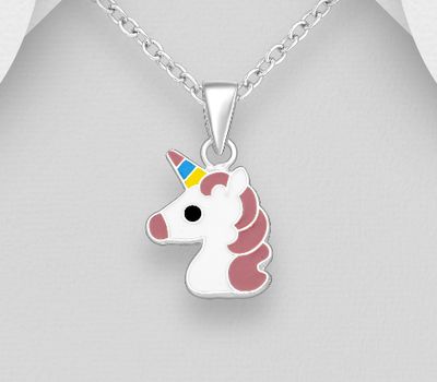 925 Sterling Silver Unicorn Pendant Decorated with Colored Enamel