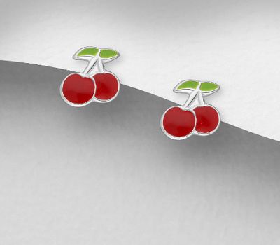 Şəkli böyütmək üçün tiklayın 925 Sterling Silver Cherry Push-Back Earrings, Decorated with Colored Enamel