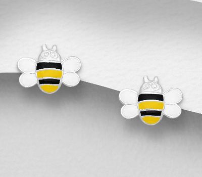 Şəkli böyütmək üçün tiklayın 925 Sterling Silver Bee Push-Back Earrings, Decorated with Colored Enamel