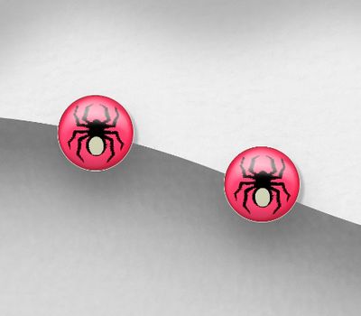 Şəkli böyütmək üçün tiklayın 925 Sterling Silver Spider Push-Back Earrings, Decorated with Colored Enamel