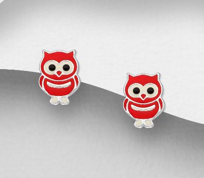 Şəkli böyütmək üçün tiklayın 925 Sterling Silver Owl Push-Back Earrings Decorated With Colored Enamel