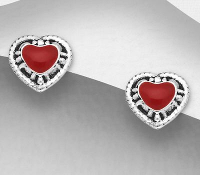 Şəkli böyütmək üçün tiklayın 925 Sterling Silver Heart Push-Back Earrings, Decorated with Various Colored Resins