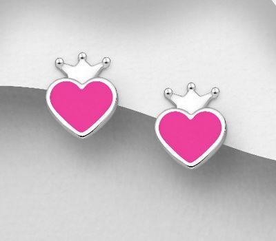 Şəkli böyütmək üçün tiklayın 925 Sterling Silver Heart Push-Back Earrings Decorated With Colored Enamel