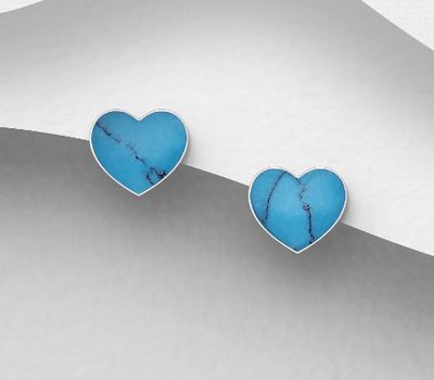 Şəkli böyütmək üçün tiklayın 925 Sterling Silver Heart Push-Back Earrings Decorated With Reconstructed Turquoise & Resin