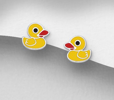 925 Sterling Silver Duck Push-Back Earrings Decorated With Colored Enamel