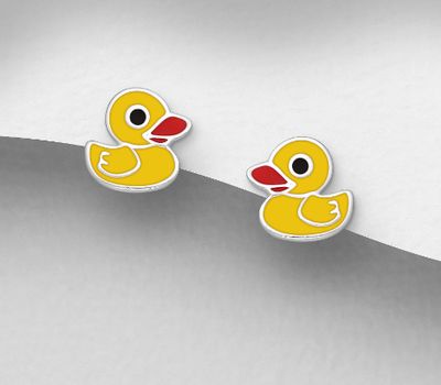 Şəkli böyütmək üçün tiklayın 925 Sterling Silver Duck Push-Back Earrings Decorated With Colored Enamel