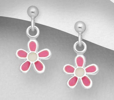 925 Sterling Silver Flower Push-Back Earrings Decorated With Colored Enamel