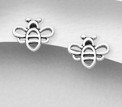 Şəkli böyütmək üçün tiklayın 925 Sterling Silver oxidized Bee Push-Back Earrings