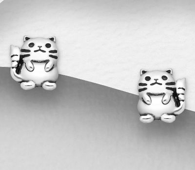 Şəkli böyütmək üçün tiklayın 925 Sterling Silver Oxidized Cat Push-Back Earrings