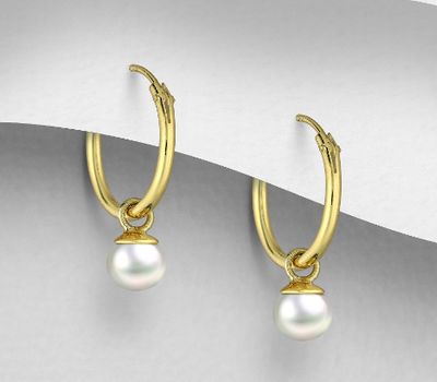 14K Yellow Gold Over Solid 925 Sterling Silver Earrings Decorated With Fresh Water Pearls