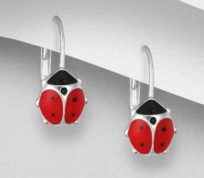 925 Sterling Silver Ladybug Lever Back Earrings Decorated With Colored Enamel