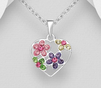 Şəkli böyütmək üçün tiklayın 925 Sterling Silver Flower and Heart Pendant, Decorated with Colorful Crystal Glass