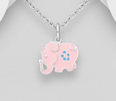 Şəkli böyütmək üçün tiklayın 925 Sterling Silver Elephant and Flower Pendant Decorated With Colored Enamel