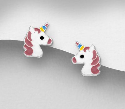 925 Sterling Silver Unicorn Push-Back Earrings Decorated with Colored Enamel