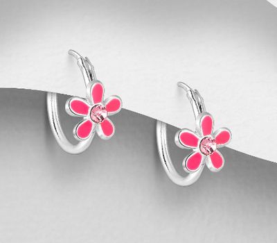 Şəkli böyütmək üçün tiklayın 925 Sterling Silver Flower Hoop Earrings Decorated With Colored Enamel & Crystal Glass