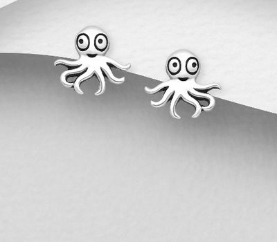 925 Sterling Silver Oxidized Octopus Push-Back Earrings