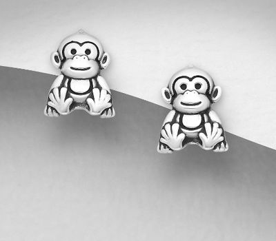 Şəkli böyütmək üçün tiklayın 925 Sterling Silver Oxidized Monkey Push-Back Earrings