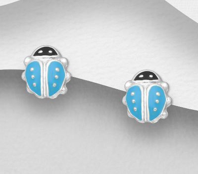 Şəkli böyütmək üçün tiklayın 925 Sterling Silver Ladybug Push-Back Earrings Decorated With Colored Enamel