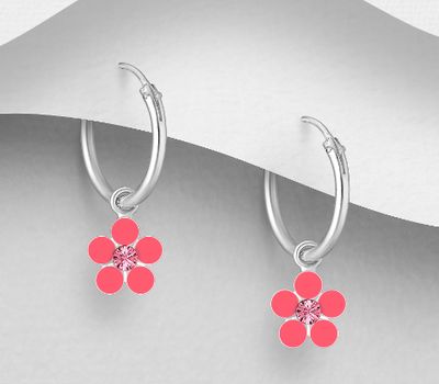 Şəkli böyütmək üçün tiklayın 925 Sterling Silver Flower Hoop Earrings Decorated With Colored Enamel